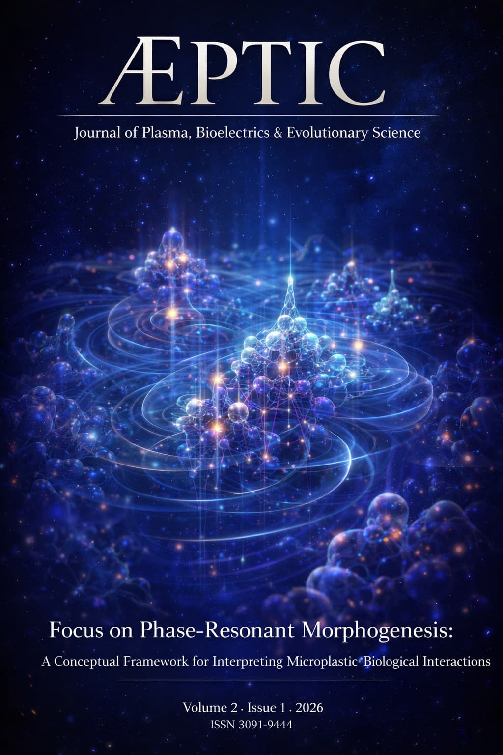 Conceptual visualization of phase-resonant morphogenesis showing formation of polymer-like microstructures and biological field responses under environmental interactions.